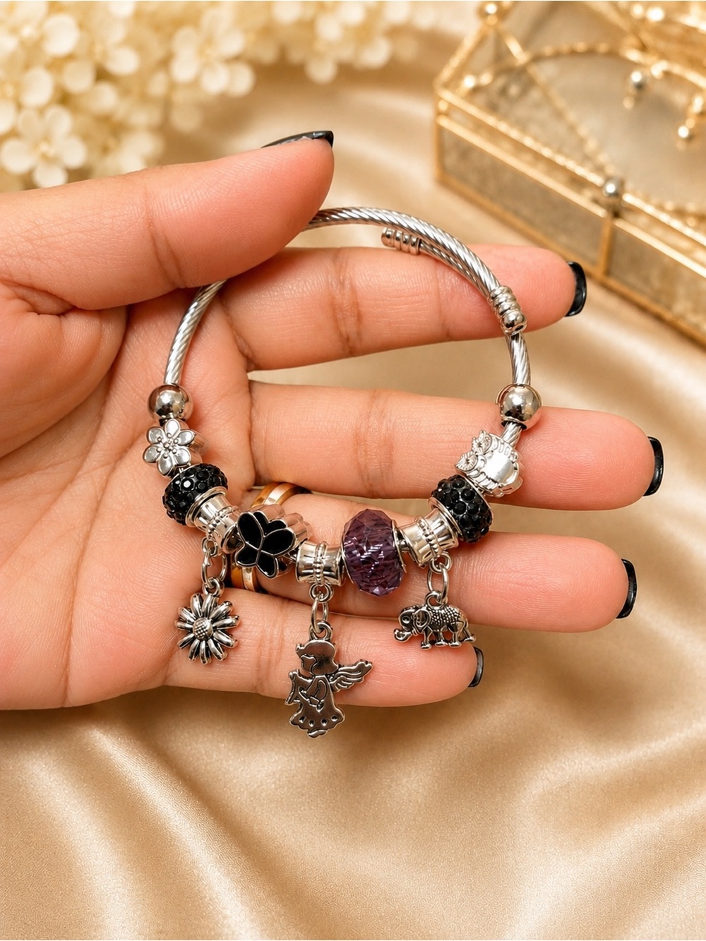 Lucky Elephant Charm Bracelet | Silver-Tone Crystal Beaded Jewelry